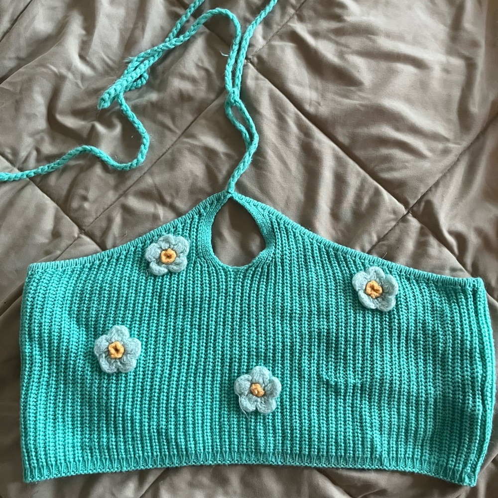 Floral Knit Crop Top - Turquoise